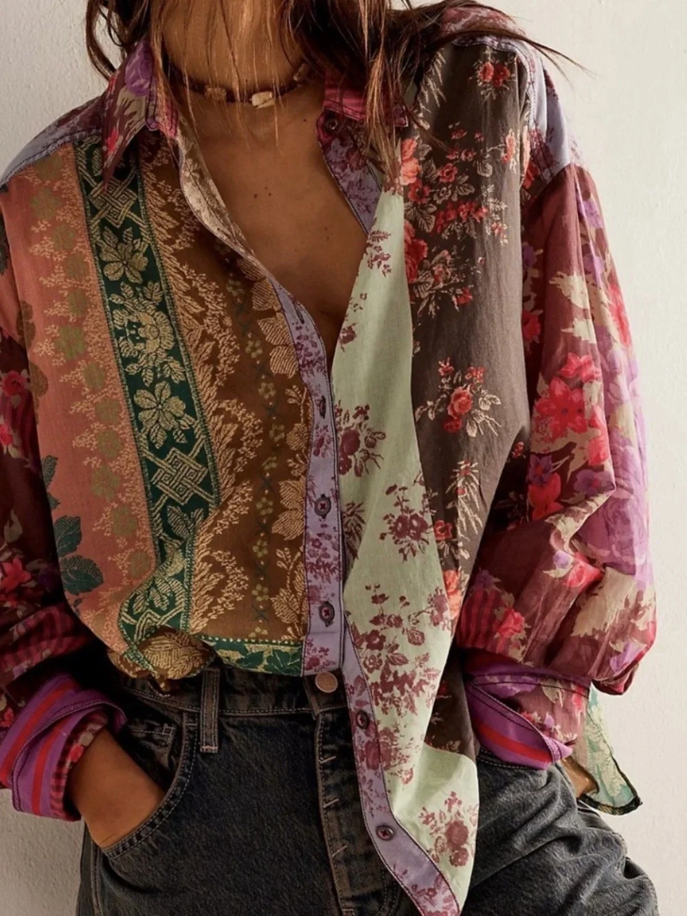 Free People Mixed Floral Patchwork Button-Down in Multi Colors - Picture 1 of 6